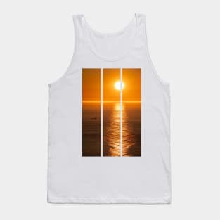 Wonderful landscapes in Norway. Nord-Norge. Beautiful scenery of a midnight sun sunset at Nordkapp (Cape North). Boat and globe on a cliff. Rippled sea and clear orange sky. (vertical) Tank Top